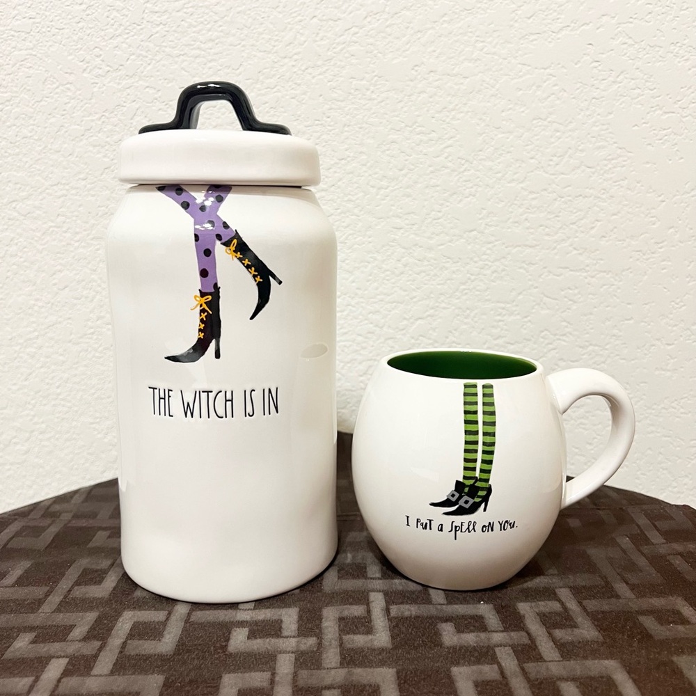 Rae Dunn Halloween THE WITCH IS IN canister and I PUT A SPELL ON YOU mug